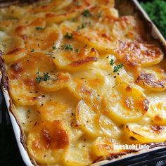 a casserole dish filled with potatoes and cheese