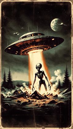 an image of a man standing in front of a flying saucer above the ground