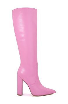 A pointed toe and wrapped block heel balance a boot shaped in a knee-high silhouette for bold appeal. 3" heel 15" shaft; 16" calf circumference Synthetic upper, lining and sole Imported Knee High Boots, Nordstrom Rack, Knee High, Block Heels, Womens Boots, Nordstrom, Boots, Heels, Pink