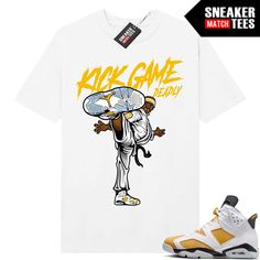 "Yellow Ochre 6s Jordan matching shirt by Sneaker Match Tees brand. Official Sneaker Match Tees shirt designed to match the Jordan 6 \"Yellow Ochre\" retro sneakers. *Sneakers are for matching purposes only, NOT included in the sale* True to size Men's shirt 100% Soft Cotton Regular Fit" Yellow T-shirt With Sublimation Print For Streetwear, Yellow Sublimation Print T-shirt For Streetwear, Hip Hop Yellow T-shirt With Graphic Print, Yellow Hip Hop T-shirt With Graphic Print, Yellow Printed T-shirt For Streetwear, Yellow Hip Hop T-shirt With Short Sleeves, Yellow Sports T-shirt With Logo Print, Sporty Yellow T-shirt With Sublimation Print, Yellow Graphic Print Sports T-shirt