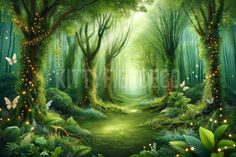 a painting of a green forest with fairy lights on the trees and butterflies flying around