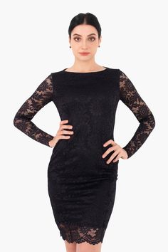 Este es un vestido de fiesta indispensable en tu guardarropa. Hecho de material de encaje delicado para crear lujo para el usuario. Vestido negro legendario, ayudándote a aumentar tu atractivo al aparecer en cualquier fiesta. La característica única de este vestido de fiesta es el cuello barco y el diseño ceñido al cuerpo, que crea una gracia suave para quien lo lleva. Quedará genial si lo combinas con un par de tacones de punta y pendientes para crear el conjunto perfecto. El vestido se puede c Lace Sleeve Bodycon Party Dress, Party Lace Bodycon Dress With Lace Sleeves, Elegant Lace Patchwork Mini Dress For Formal Occasions, Elegant Mini Dress With Lace Patchwork For Formal Events, Fitted Boat Neck Midi Dress For Party, Elegant Lace Mini Dress With Lace Back, Elegant Mini Lace Dress With Lace Patchwork, Elegant Mini Lace Patchwork Dress, Elegant Formal Mini Dress With Lace Bodice