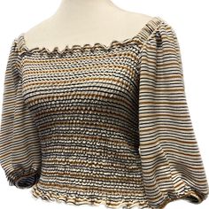 Ann Taylor Loft Shirred Bodice Puff Sleeve Square Neck Blouse Black (Maybe Really Really Dark Navy) White And Gold/Mustard Colored Women’s Size Medium Nwot New Without Tags Perfect Condition Offers Welcome Bundle Discounts Available Fast Shipping Top Rated Seller Trendy Striped Puff Sleeve Top, Striped Puff Sleeve Top For Summer, Spring Striped Puff Sleeve Tops, Casual White Puff Sleeve Top For Fall, Casual Fitted Puff Sleeve Crop Top, Fitted Cropped Smocked Top For Fall, White Casual Puff Sleeve Crop Top, Casual White Puff Sleeve Crop Top, Fitted Casual Smocked Crop Top