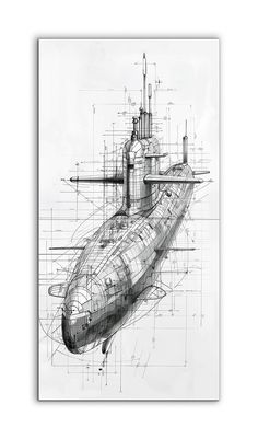 a black and white drawing of a submarine with blueprints on the bottom half