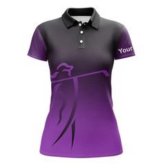 a women's purple and black golf shirt with the words your club on it