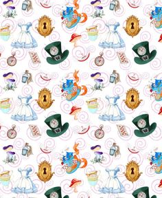 the pattern is very colorful and has many different things on it, including hats and other items