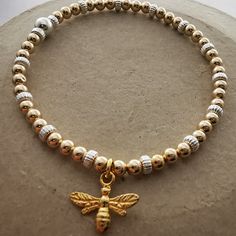 HARPER - Sterling Silver and Gold Bead Bee Bracelet - SKU 2244 - Sophellie Jewellery Bead Bee, Bee Bracelet, Gold Bee, Gold Bead Bracelets, Bee Charms, Organza Ribbon, Jewellery Gift, Sterling Silver Bead, Silver And Gold