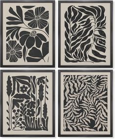 four black and white paper cut art pieces