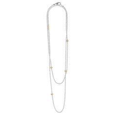 Sterling silver necklace with 18K gold Caviar beading and fluted accents. Ideal to style various necklaces for a unique look. 36 inches. Finished with a signature lobster clasp. Elegant Double Strand Silver Bead Necklaces, Elegant Double Strand Silver Beads Necklace, Elegant Silver Chain Necklace With Gold Beads, Formal Silver Necklace With Gold Beads, Elegant White Gold Ball Chain Necklace, Elegant Gold Necklace With Silver Beads, Formal Gold Necklaces With Silver Beads, Lagos Jewelry, Sterling Silver Necklace