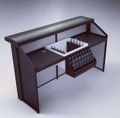 a computer desk with many bottles and cups on it's shelf, in front of a white background