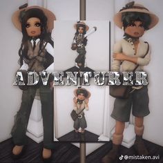 two dolls are posed in front of a white background with the words adventure on it