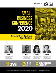 the small business conference flyer is shown in yellow and black, with several people sitting at tables