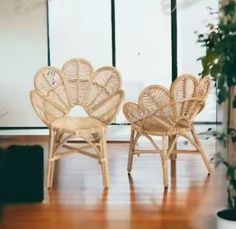 two chairs sitting next to each other on top of a hard wood floor in front of a window