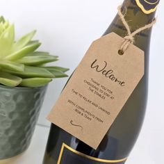 a bottle of wine sitting next to a potted succulent and a welcome sign