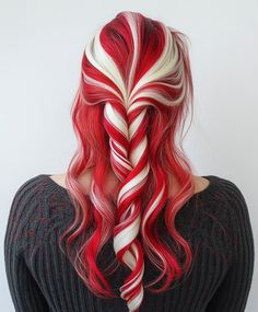 Holiday Hair with Candy Cane Stripes Peppermint Hair Color, Christmas Colored Hair, Candy Cane Hair Color, White And Red Hair Color, Christmas Color Hair, Winter Wonderland Hairstyles, Body Checklist, Candy Cane Hair, Adult Photoshoot