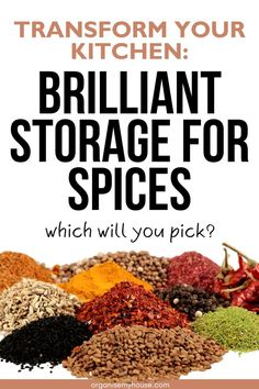 a pile of spices with the words transform your kitchen brilliant storage for spices which will you pick?