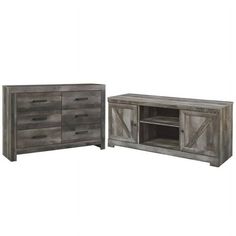 two pieces of furniture are shown in grey wood, one is open and the other has drawers