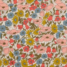 an image of a flowery pattern on a white background with pink, yellow and blue flowers