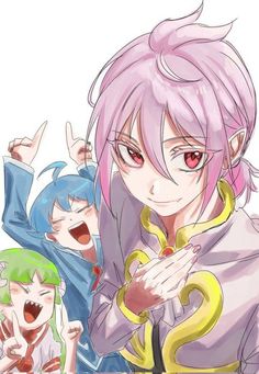 an anime character with pink hair and two other characters in the background, one pointing at something