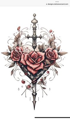 an artistic tattoo design with roses and a cross on it's side, in the middle