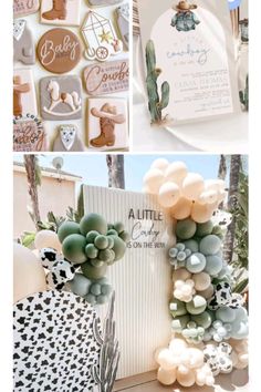 an assortment of desserts and cookies on display at a baby's first birthday party