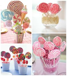 there are many different candies and lollipops in vases