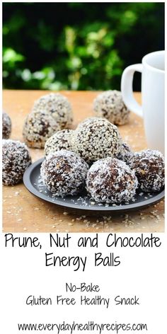 chocolate energy balls on a plate with coffee in the background