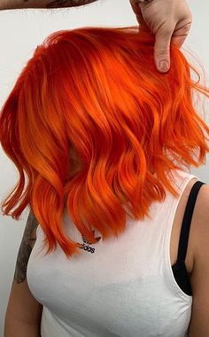 Ginger Hair Bright, Yellow Orange Hair Color, Vivid Orange Hair, Bright Copper Hair Balayage, Deep Orange Hair, Red Hair Medium Length, Vibrant Copper Hair