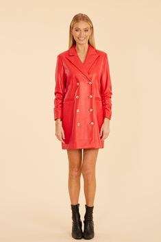 This season, mix it up with a nod to retro glamour in our Faux Leather Blazer Dress, a chic piece that channels the bold spirit of the ‘80s. This edgy blazer dress boasts a structured silhouette with a faux leather finish, perfect for making a statement while keeping warm this season. It features a double-breasted design with metallic buttons, and ruched sleeves for even more of a vintage flair. Faux leather Double-breasted Metallic buttons Ruched three-quarter sleeves Available in Black and Sca Party Mini Length Single Breasted Blazer, Fall Evening Blazer With Double-breasted Button, Fall Notch Lapel Blazer Dress For Night Out, Fall Evening Blazer With Double-breasted Button Fastening, Night Out Blazer Dress With Notch Lapel, Red Blazer Dress For Formal Fall Events, Red Blazer Dress For Formal Fall Occasions, Notch Lapel Blazer Dress For Night Out In Fall, Notch Lapel Blazer Dress For Night Out