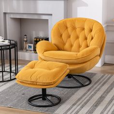 an orange chair and ottoman in a living room