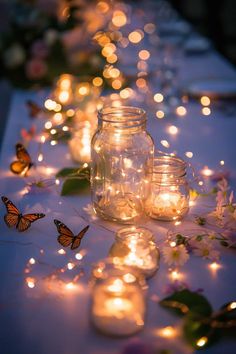 mason jars filled with lit candles are lined up on a table covered in flowers and butterflies