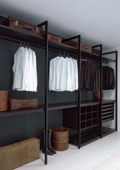 three pictures show the inside of a bedroom, including closets and dressing tables with clothes hanging on them