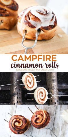 cinnamon rolls are being grilled on a grill with the words campfire cinnamon rolls above them