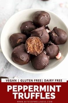 a white bowl filled with chocolate covered peppermint truffles