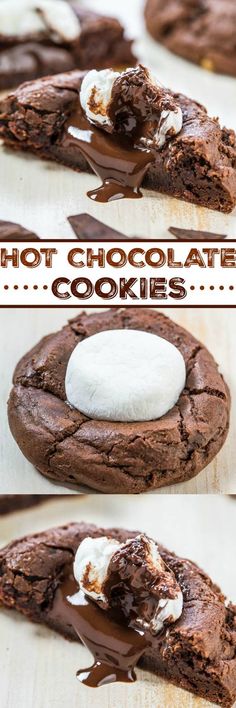 chocolate cookies with marshmallows and melted chocolate on top are shown in three different views