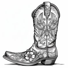 a drawing of a cowboy boot with flowers on it