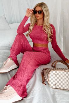 Buy Asa Heathered Knit Crop Top & Pants Set (Hot Pink) For $46. FREE SHIPPING ON ALL U.S. ORDERS OVER $50! Pink Stretch Knit Bottoms, Fitted Knit Casual Sets, Casual Pink Knit Bottoms, Stretch Ribbed Pink Pants, Crop Top Pants Set, Fall And Winter Fashion, Flying Monkey Jeans, Top Pants Set, Stretch Top