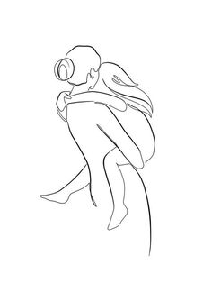 a line drawing of a person with headphones on their ears, hugging each other