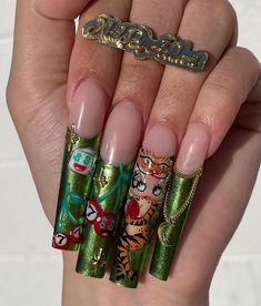 Hand Drawn Nail Art Acrylics Long, Long Unique Nails, Hand Painted Acrylic Nails, Betty Boop Inspired Nails, Betty Boop Acrylic Nails, Betty Boop Long Hair, Nail Ideas Acrylic Long, Acrylic Nails Cherry, Betty Boop Nails Designs