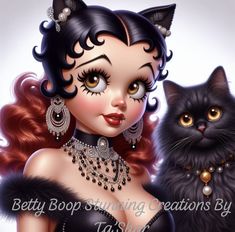 a painting of a woman in black with a cat on her shoulder and the caption says, betty boo staring creations by tasty