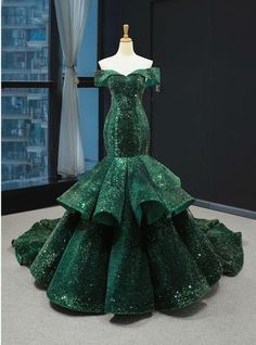 Green Mermaid Sequins Off the Shoulder Luxury Prom Dress With Train,PD22206 on Storenvy Luxury Prom Dress, Prom Dress With Train, Dress With Train, Sparkle Wedding Dress, Wedding Dress Sequin, Trumpet Dress, Green Mermaid, Sequin Wedding, Mermaid Sequin