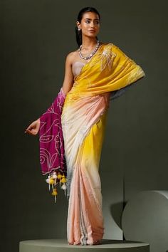 Multi color chinon saree with all over tie dye pattern, bloom flora embroidery using sequin, pearls highlights and beaded tassel details on the pallu hem. Comes with an unstitched blouse piece. - Aza Fashions Chinon Saree, Tube Blouse, Embellished Saree, Set Saree, Printed Gowns, Purple Blouse, Two Sisters, Silk Organza, Tie Dye Patterns