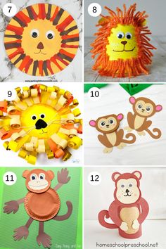 paper plate crafts for kids to make with lion, monkey and giraffes