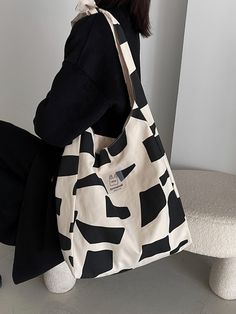 Black and White  Collar  Fabric Colorblock Square Bag Embellished   Women Bags Tote Bag Fabric, Shoulder Bag For School, Tot Bag, Casual Tote Bag, Colour Blocking, Black And White Canvas, Canvas Shopping Bag, Casual Tote, Canvas Shoulder Bag