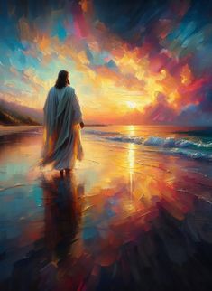 a painting of jesus walking on the beach at sunset with his reflection in the water