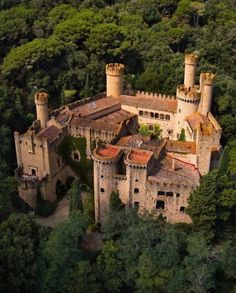 an aerial view of a castle surrounded by trees