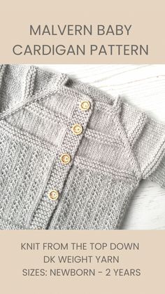 the knitting pattern for a baby cardigan sweater is shown in grey and features buttons