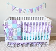 This listing is for a custom bedding set from Giggle Six Baby. This listing includes:  Ruffle Crib Skirt Patchwork Blanket Bumpers Crib Sheet  Add Purple Elephant Nursery, Lavender Crib Bedding, Baby Girl Arrival, Gray Nursery Girl, Elephant Crib Bedding, Bedding Purple