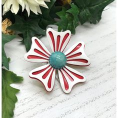 Vintage Pin Brooch Enamel Red White And Blue Flower shape Item#B19033 Gently loved Thank you for visiting our shop... Red Enamel Brooch, Red Enamel Brooch Pin, White Enamel Brooches As Gifts, White Enamel Pin For Gift, White Retro Brooches As Gift, White Retro Brooch For Gift, Retro White Brooches As Gift, White Retro Style Brooch For Gift, White Flower Pins As Gifts