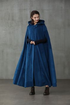 Maxi Hooded Wool Coat Cloak (8 Colors) – Linennaive Winter Outfit Medieval, Medival Outfits Woman Cloak, Blue Cloak Aesthetic, Wizard Clothes Aesthetic, Fantasy Cold Weather Clothes, Wizard Outfit Ideas, Wizard Robes Aesthetic, Medieval Winter Clothes, Winter Fantasy Clothing